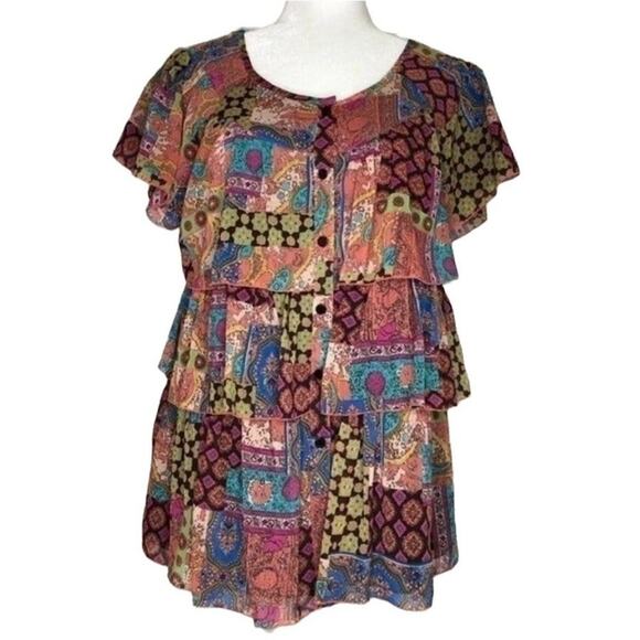 Notations Short-Sleeve Layered Patchwork Style Blouse | Women's Size Medium - Picture 1 of 4